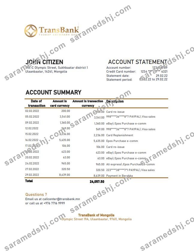 Mongolia Transbank statement